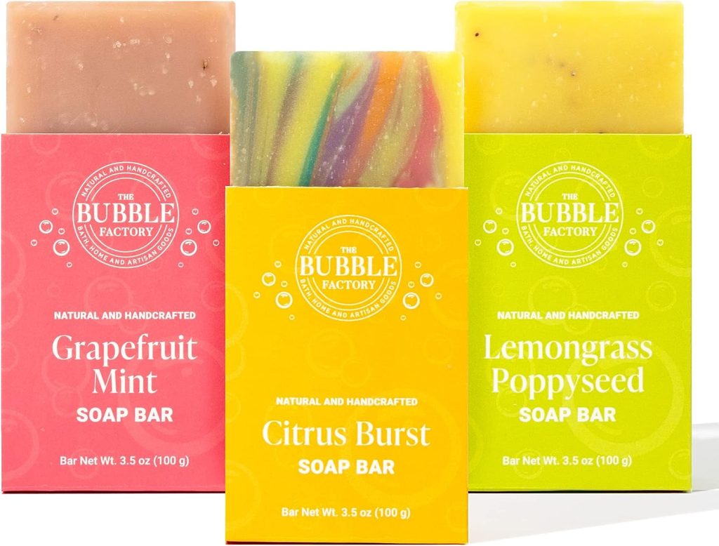 The Bubble Factory Citrus Collection - Handmade in the USA, Palm Oil Free, All Natural Bar Soap, 3 Bar Variety Pack, Citrus Burst, Grapefruit Mint, Lemongrass Poppyseed