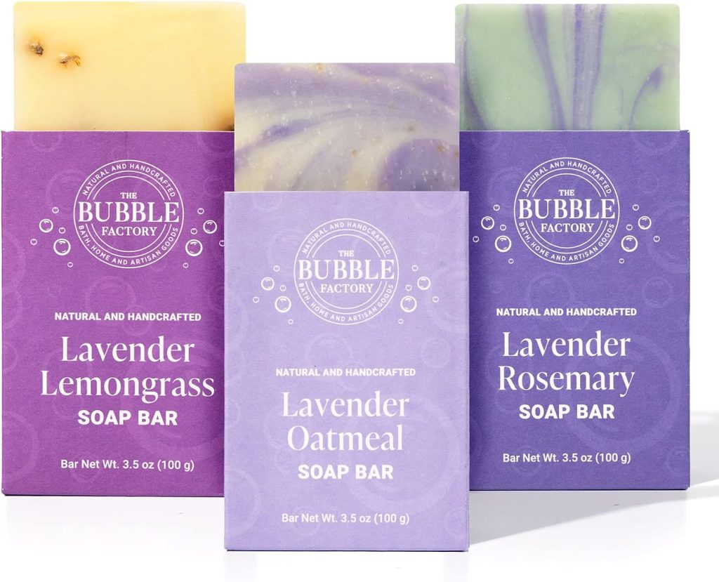 The Bubble Factory Lavender Collection - Handmade in the USA, Palm Oil Free, All Natural Bar Soap, 3 Bar Variety Pack, Lavender Lemongrass, Lavender Oatmeal, Lavender Rosemary